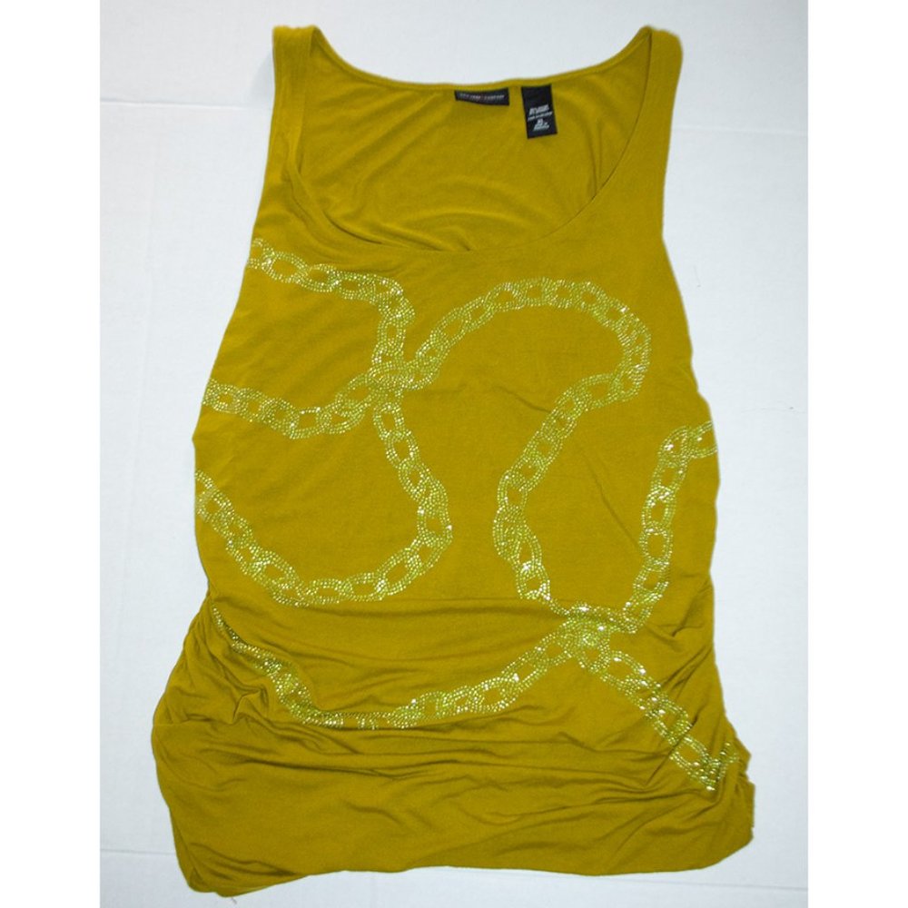 New York & Company Stretch Tank Embellished Shirred Sides Chartreuse Women's XL